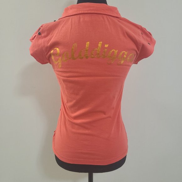 Sexy GOLDDIGGA Y2K Burnt Orange and Copper/Gold Short Sleeved Polo Shirt - Picture 3 of 9